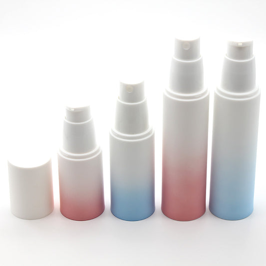 Gradient airless cosmetic bottles in 20ml, 30ml, and 50ml sizes with lotion and spray dispensers.