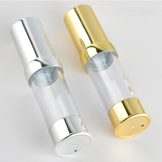 Empty Airless Pump Bottles in silver and gold for skincare emulsion and essence packaging.