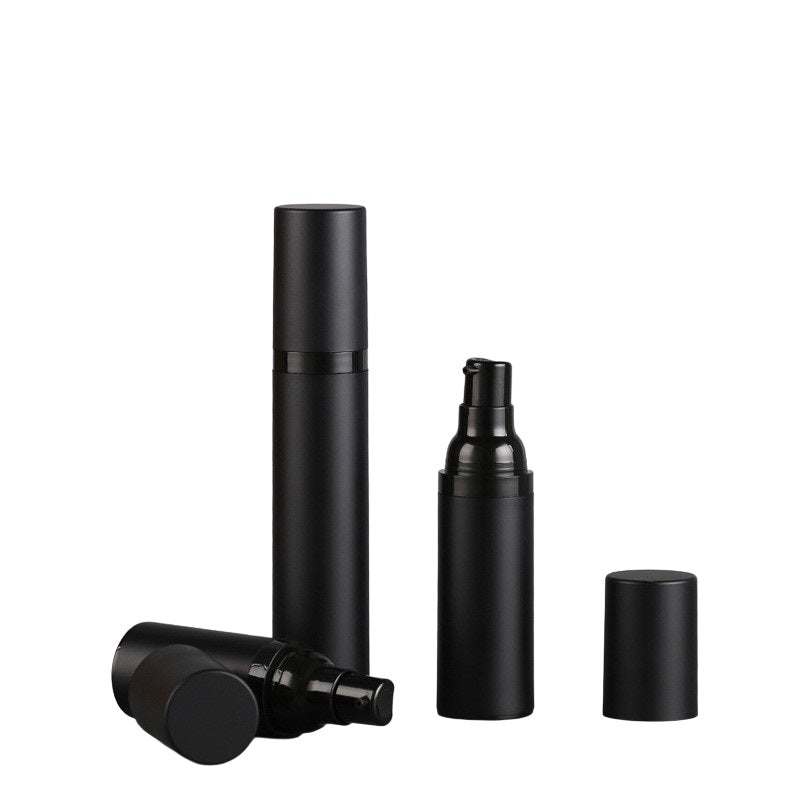 15ml, 30ml, and 50ml black airless bottle with pump for cosmetics, featuring lotion cream dispenser.