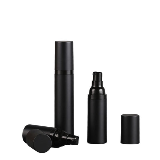 15ml, 30ml, and 50ml black airless bottle with pump for cosmetics, featuring lotion cream dispenser.