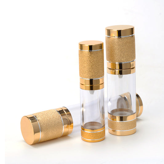 Refillable airless pump bottles for cosmetics in gold and pink, available in 15/30/50 ml sizes.