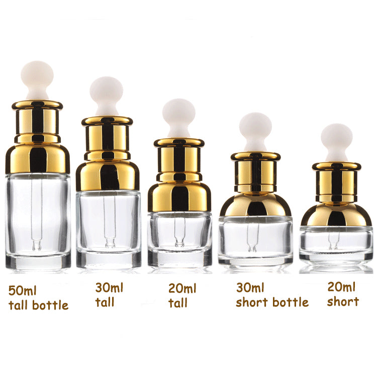 gold glass dropper bottles of different sizes: 50ml, 30ml, 20ml tall, and 30ml, 20ml short for essential oils.