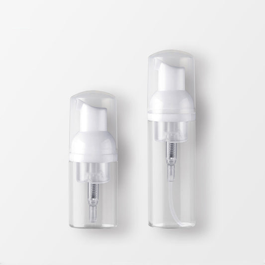 30ml and 60ml plastic foam pump bottles with soap dispensers, clear bodies and white pumps for effective dispensing.
