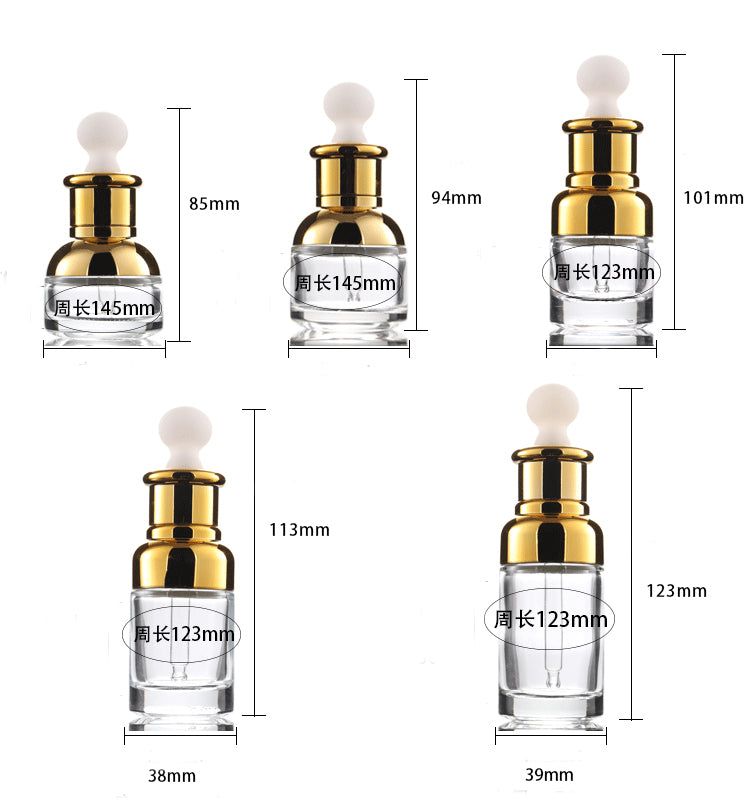 50PCS Gold Glass Dropper Bottle for Essential Oil 30ml with Shinny Cap in various sizes and dimensions.