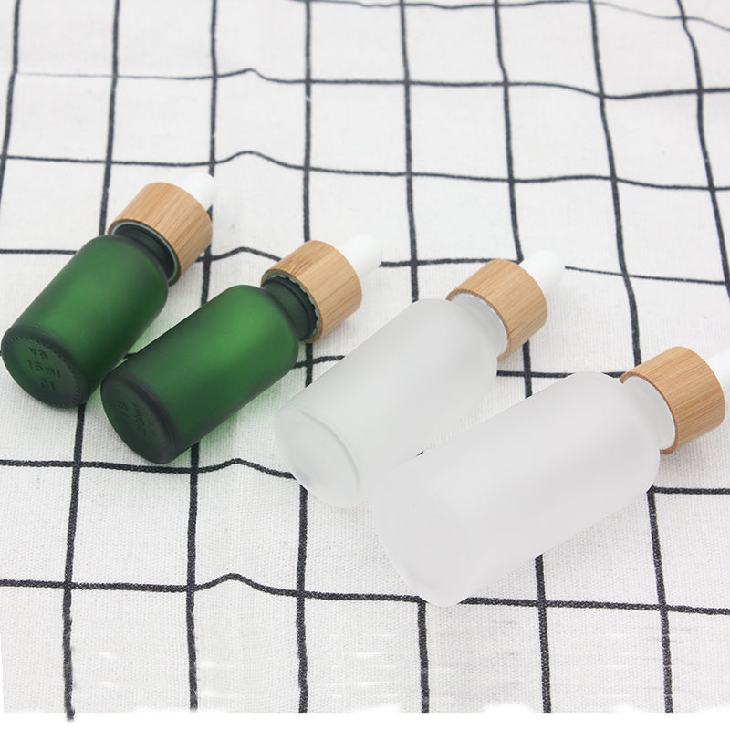 Frosted Green Glass Dropper Bottle Cosmetic 15~30ml with Bamboo Lid