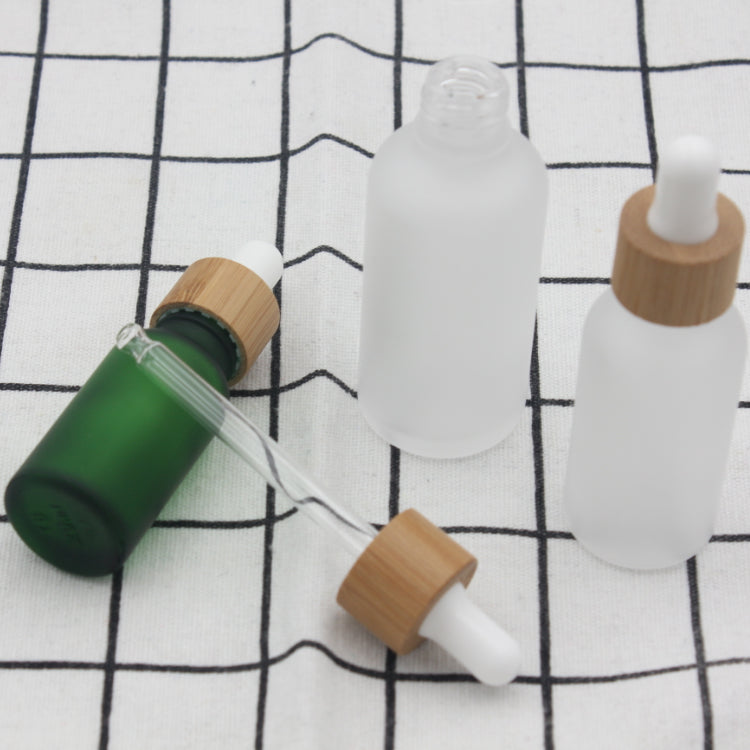 Frosted Green Glass Dropper Bottle Cosmetic 15~30ml with Bamboo Lid