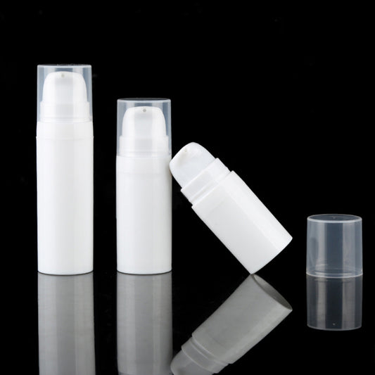 Sample lotion pump bottles displayed in white airless design, perfect for cosmetics and travel use.