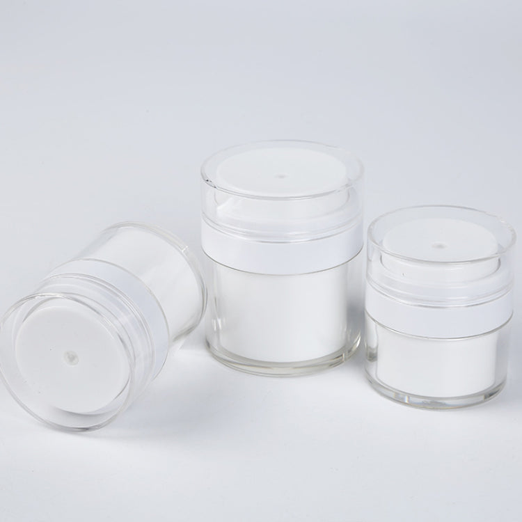 Three sizes of airless pump cream jars with clear lids, ideal for cosmetic storage and packaging.