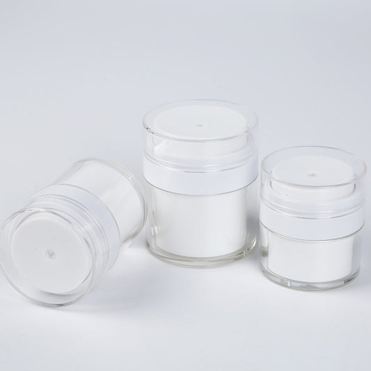 Three sizes of airless pump cream jars with clear lids, ideal for cosmetic storage and packaging.