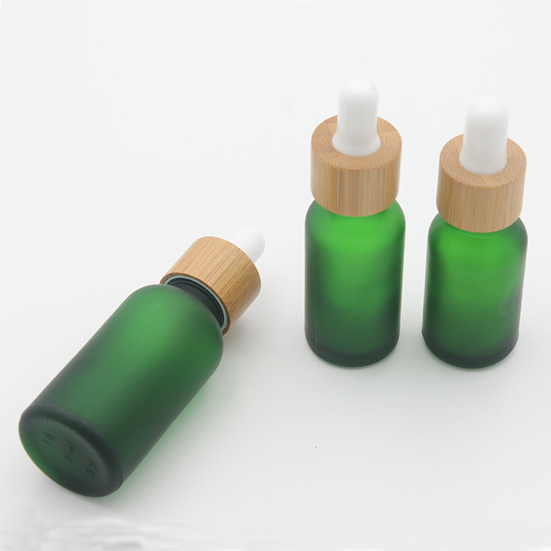 Frosted Green Glass Dropper Bottle Cosmetic 15~30ml with Bamboo Lid