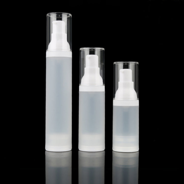 Refillable airless cosmetic bottle set – clear frosted in 15ml, 30ml, and 50ml sizes.