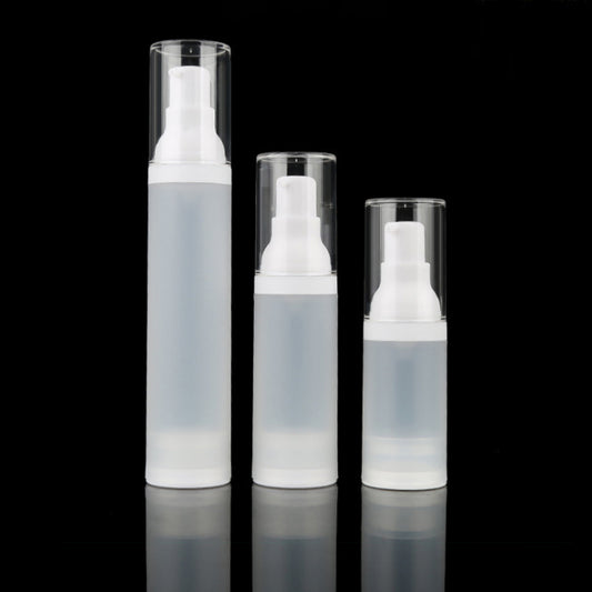 Refillable airless cosmetic bottle set – clear frosted in 15ml, 30ml, and 50ml sizes.