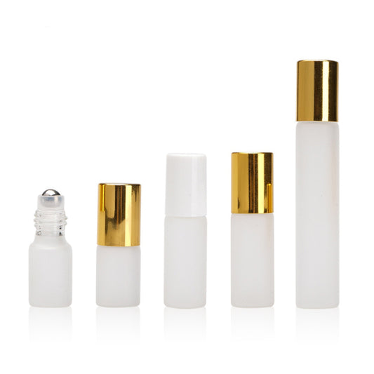 Frosted glass perfume roll on bottles in various sizes, including 3ml, 5ml, and 10ml for essential oils.