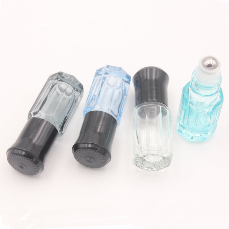 Colorful glass essential oil roller bottles in 3ml and 6ml sizes with stainless steel roll on ball.