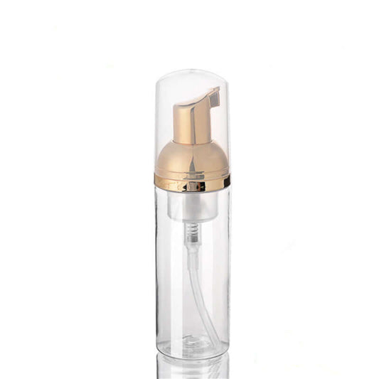 Clear plastic soap dispenser bottle with gold pump, available in 30ml and 50ml sizes, ideal for liquid soap storage.