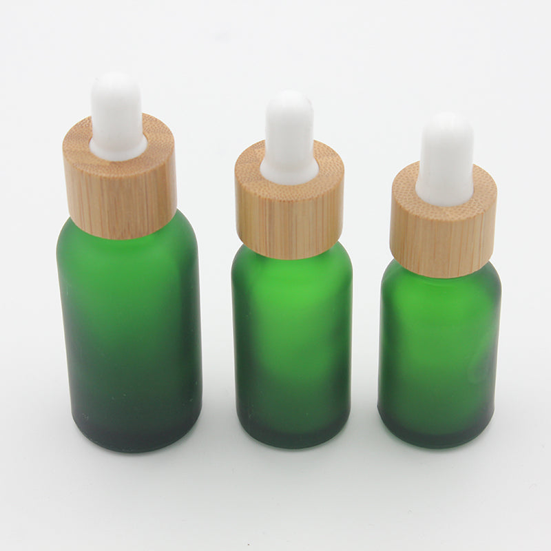 Frosted Green Glass Dropper Bottle Cosmetic 15~30ml with Bamboo Lid