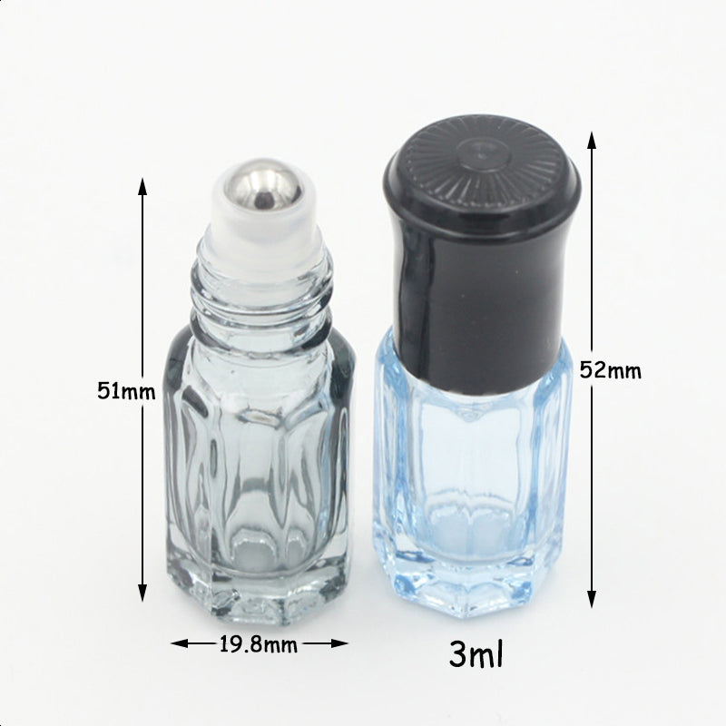 Colorful 3ml glass essential oil roller bottle with stainless steel ball, dimensions 51mm x 19.8mm.