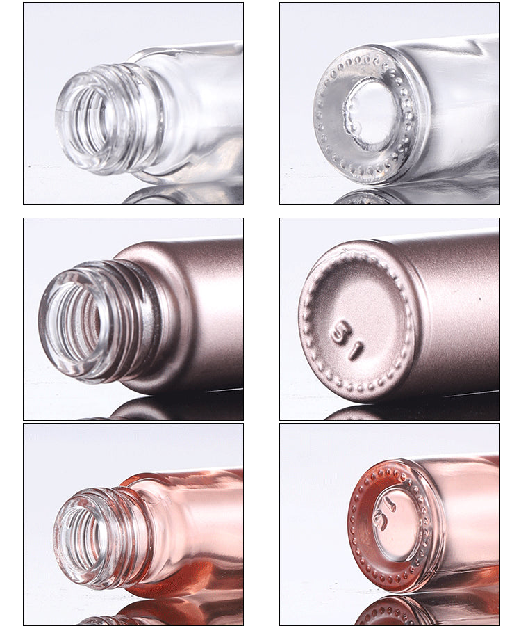 Close-up views of 5ml and 10ml glass roll-on perfume bottles with rose gold caps and roller ball applicators.