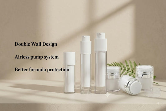 Airless Cosmetic Containers featuring double wall design and airless pump system for enhanced product protection.