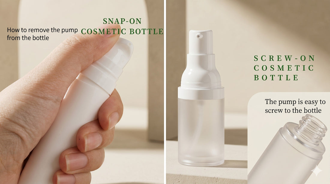 comparison of snap-on pump mechanism and threaded screw neck on an airless bottle