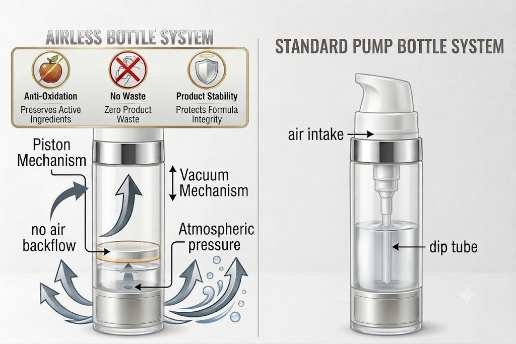 Diagram comparing airless pump bottle mechanism piston vacuum vs standard dip tube system