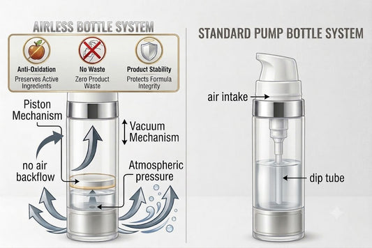 Diagram comparing airless pump bottle mechanism piston vacuum vs standard dip tube system