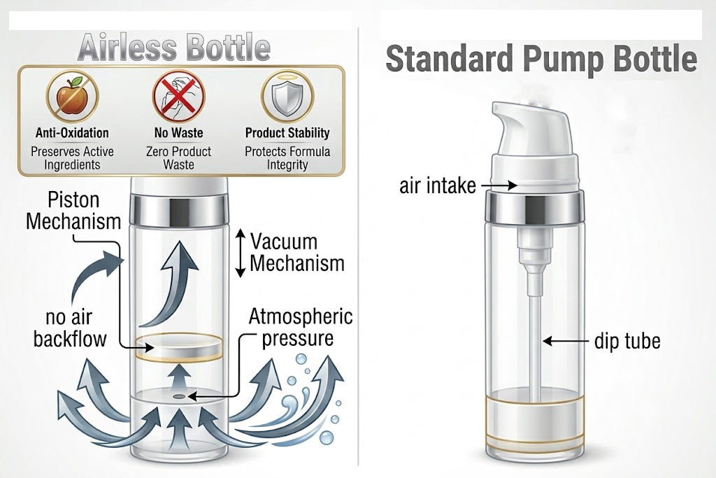 Piston mechanism inside airless pump bottles ensuring 98 percent evacuation rate