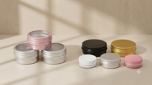 Versatile aluminum cosmetic packaging displayed in various sizes and colors.