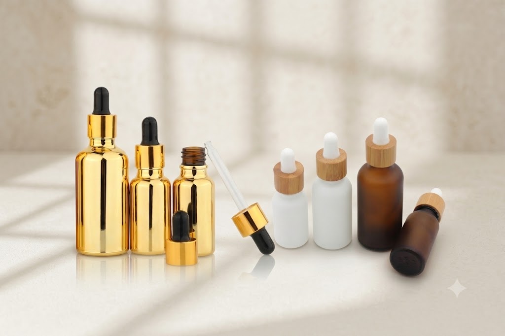 Various custom wholesale dropper bottles for light-sensitive skincare.