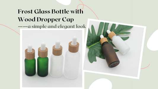 Frost glass dropper bottles wholesale with wood caps showcasing a simple and elegant look.