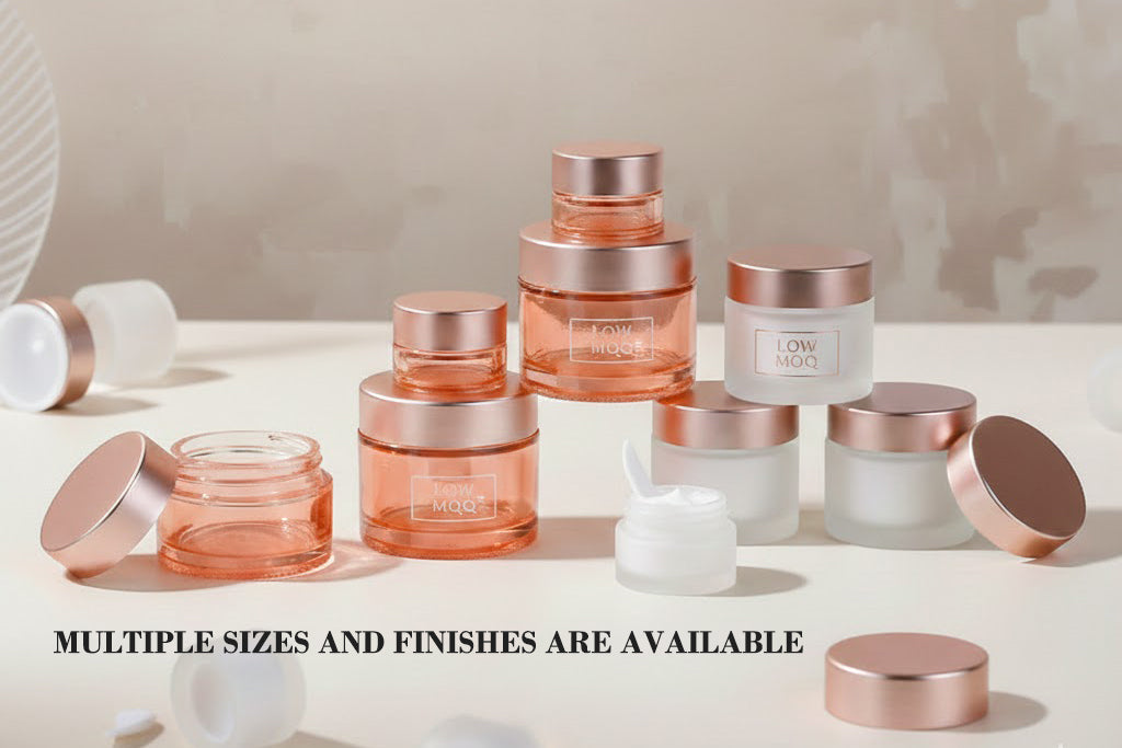 Glass Cream Jars in various sizes and finishes, ideal for skincare startups.