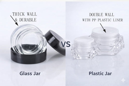 Glass cream jar vs plastic cream jar comparison showing thick wall glass jar and double wall plastic jar with PP liner for cosmetic packaging