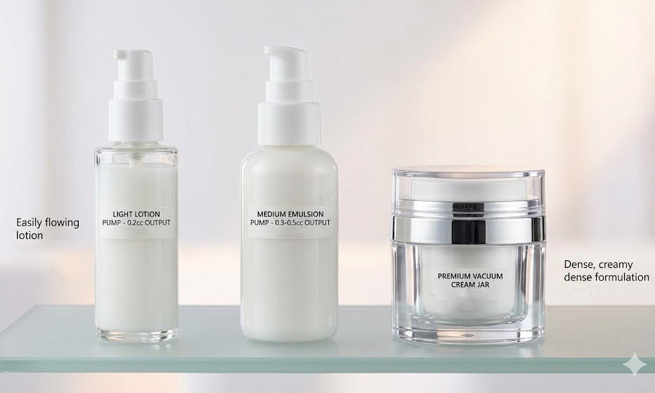0.2cc light lotion bottle, 0.5cc medium emulsion pump, and premium vacuum cream jar by Thesun Packaging.