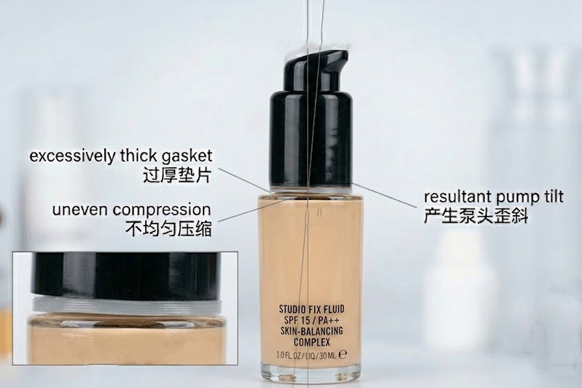 Tilted black lotion pump head caused by thick PE gasket on glass bottle