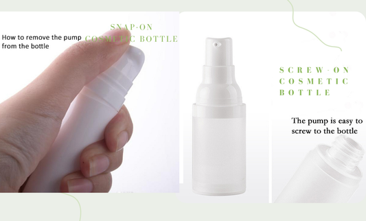 Technical comparison diagram between a snap-on cosmetic bottle neck and a traditional threaded screw cap bottle