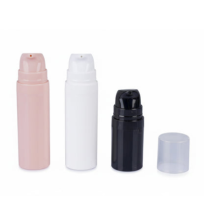 Wholesale airless pump bottles in pink, white, and black, ideal cosmetic containers for travel and personal use.