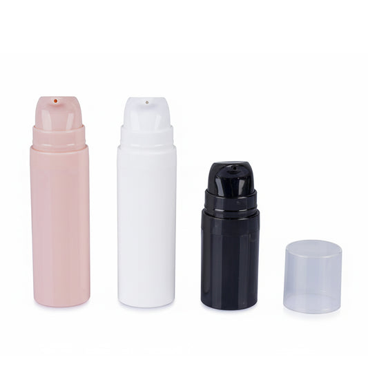 Wholesale airless pump bottles in pink, white, and black, ideal cosmetic containers for travel and personal use.