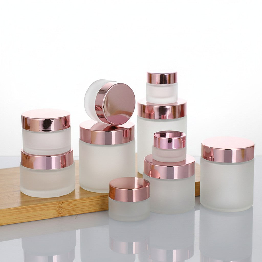 Glass Cosmetic Jars - 5g 10g 15g 20g 30g with Rose Gold Lid | Clear & Frosted