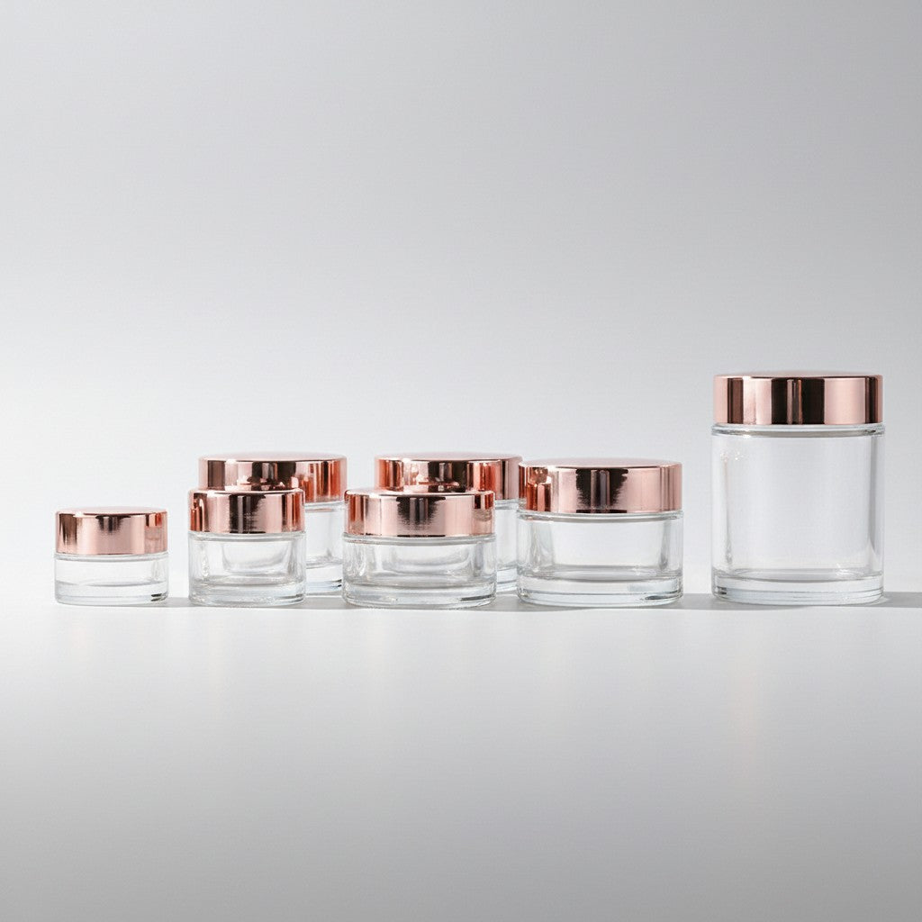 Glass Cosmetic Jars - 5g 10g 15g 20g 30g with Rose Gold Lid | Clear & Frosted