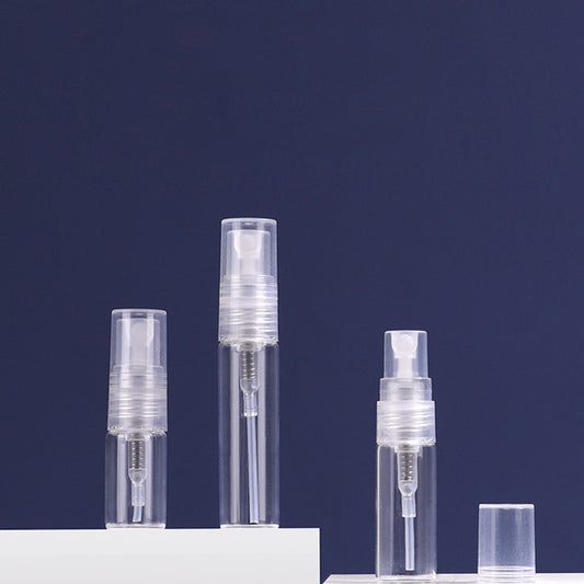 Mini Travel Spray Bottles - 2ml, 3ml, and 5ml clear refillable perfume atomizers.