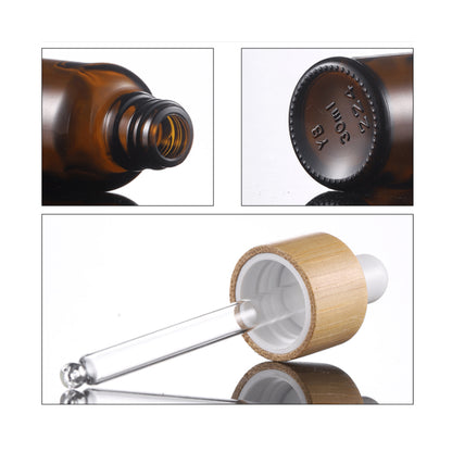 100PCS/Lot 15ml 30ml 50ml frosted amber glass bottle dropper with bamboo cap for essential oil