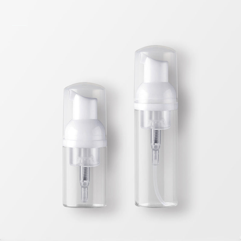 30ml and 60ml plastic foam pump bottles with soap dispensers, clear bodies and white pumps for effective dispensing.