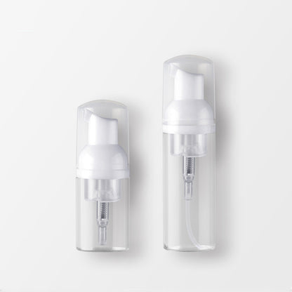30ml and 60ml plastic foam pump bottles with soap dispensers, clear bodies and white pumps for effective dispensing.