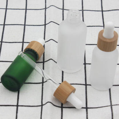 Frosted Green Glass Dropper Bottle Cosmetic 15~30ml with Bamboo Lid