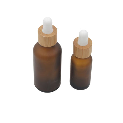 100PCS/Lot 15ml 30ml 50ml frosted amber glass bottle dropper with bamboo cap for essential oil