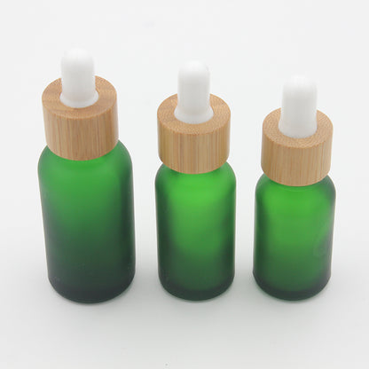 Frosted Green Glass Dropper Bottle Cosmetic 15~30ml with Bamboo Lid