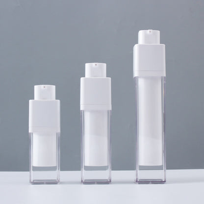 Airless cosmetic bottles in three sizes: 15ml, 30ml, and 50ml, ideal for skincare products.