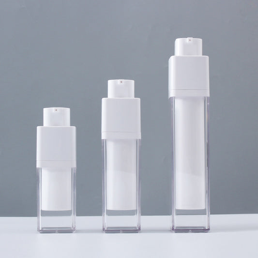 Airless cosmetic bottles in three sizes: 15ml, 30ml, and 50ml, ideal for skincare products.